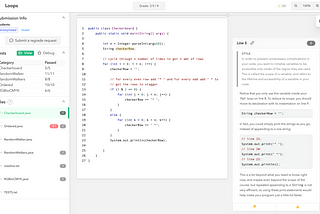 A screenshot of codePost’s “code console” from a student’s perspective, where many elements are displayed: On the left, the summary output of the autograded tests, the listing of submitted files; on the right, human feedback composed in part of a staff-authored portion (the rubric comment, bordered by a thick line) and a grader-authored portion (the comment below).