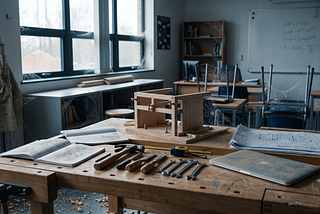 An empty workshop classroom with tools, plans, a laptop and an unfinished wooden model on a workbench, suggesting a disappearing apprenticeship pathway.