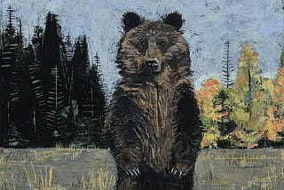 Painting of a bear standing on two legs, a forest in the background.