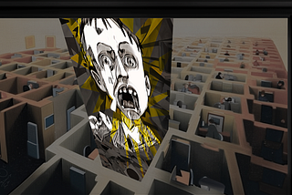“With Your Office Door Open,” digital tableau by Johnny Profane Âû. Closeup of a young man’s face during a meltdown. He appears to be exploding from the desk in his office cubicle. In the background a peaceful scene of people working quietly in a surreal office filled with cubicles. In a cubist collage style with dark tones an vibrant colors. Digital tools used include AI.
