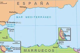 Map with the location of Ceuta and Melilla in northern Morocco across from southern Spain.