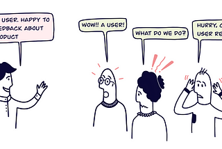 Cartoon: Stakeholders in an organisation surprised and not knowing what to do when a user comes to provide feedback.