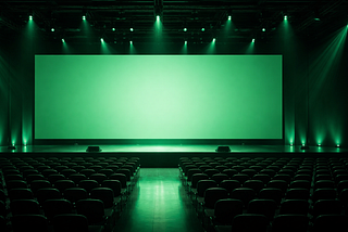 Empty modern conference mainstage viewed from the audience perspective, featuring a massive solid green LED screen spanning the width of the stage. Bright overhead lights cast subtle green beams downward, illuminating a reflective stage floor. Rows of empty chairs appear as dark silhouettes in the foreground. The scene uses a monochromatic emerald and forest green palette, with clean architectural lines and a minimalist corporate design.