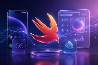 Realistic 3D Swift and iOS logos on a glassmorphic Liquid Glass UI panel against a gradient indigo-violet background, representing next-generation Apple development.