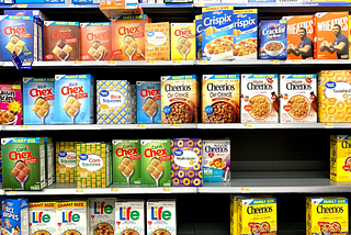 The cereal aisle with an assortment of brands