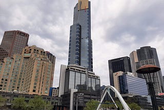 High rise office blocks and residential towers with some trees in the foreground and the Evan Walker bridge over the Yarra River