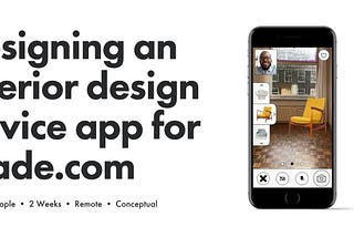 Designing an interior design advice app for Made.com. Project scope: 4 people, 2 weeks, remote, conceptual. Picture of App mockup in iphone 8