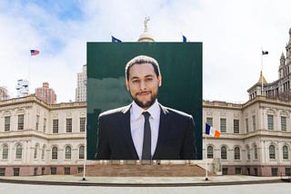 headshot of marte with a photo of NYC’s city hall in the background.