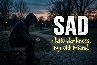 the word “sad” on a poster with the words “hello darkness, my old friend” below it; a man sits on a bench in a dark scene