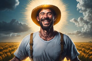 AI-generated image of a Caucasian farmer with a Halo around his head