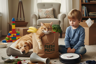 A child sitting on the floor next to a robot vacuum, while a cat lounges inside a grocery bag and a dog sleeps nearby in a cozy living room.