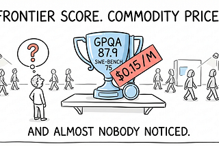 Hand-drawn cartoon titled ‘Frontier score. Commodity price.’ showing a trophy labeled GPQA 87.9 and SWE-Bench 75 with a $0.15/M price tag, as a crowd walks past ignoring it and one puzzled person notices — captioned ‘And almost nobody noticed.’