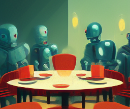 5 robots talking at a table
