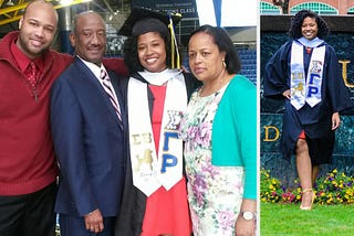 Left photo features Melissa with her family after college graduation ceremony and right photo is taken on university campus lawn. Photos courtesy of Melissa Barosy.