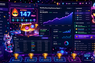 Futuristic enterprise SaaS dashboard floating in space, overloaded with gamification elements including a 147-day streak counter, reward chest, trophies, confetti, leaderboards, missions, XP, and badges around routine CRM and revenue-reporting panels.
