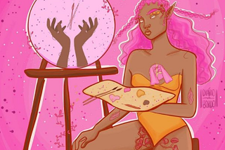 ilustração digital de uma moça negra de cabelos longos e cor de rosa pintando uma tela. Ela está com o godê na mão, de frente para a pintura