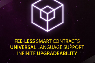 A tesseract which is the Koinos logo and a caption: Fee-less smart contracts, universal language support, infinite upgradeability, koinos.io