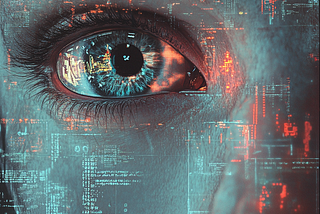 A picture of an eye reflecting a complex screen with terminals showing command line input and output.