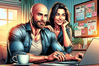 digital painting of a bald man with beard, and a woman relaxed together in an office