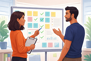 Two colleagues stand in front of a planning board covered with notes, checkmarks, and charts, discussing expectations and progress in a bright office, symbolizing the importance of clear leadership communication and alignment.