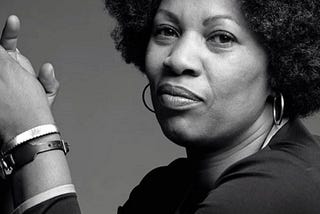 A black and white image of author Toni Morrison