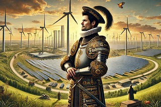 ChatGPT generated panoramic image of a Danish Knight/academic looking out over an energy megaproject