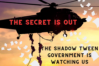 helicopter in sunset. Words on helicopter “The Secret is Out” and “The shadow tween government is watching us”