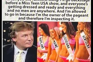 A Tweet by Marlene Robertson in 2016: “Hey Republicans, is this degenerate turd your #1 for president? A pedophile who walks in on nude 14year olds because “I sort of get away with things like that.” Followed by a Trump-quote from the Stern interview and a pageant photo that shows Teenage girls in bikinis on stage: “I’ll tell you the funniest thing. I’ll go backstage before a Miss Teen USA show, and everyone’s getting dressed and ready and everything and no men are anywhere. And I’m allowed to g