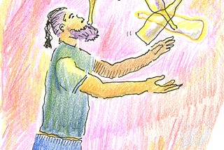 A drawing of a man juggling bottles