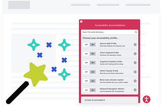 An overlay over a website showing a list of toggle options that users can turn off and on for accessibility accommodations. A wand is nearby with glitter shooting out of its star.