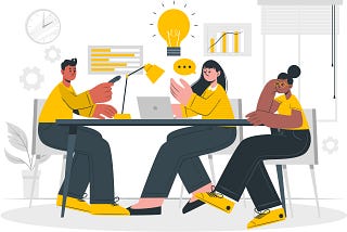 Vibrant illustration showing a team sitting at their desks and collaborating at the office.