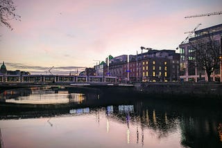 Liffey river in Dublin with city skyline at dusk
