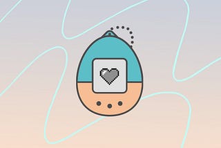 A tamagotchi toy with a digital heart on its screen with a fun 90’s era background.