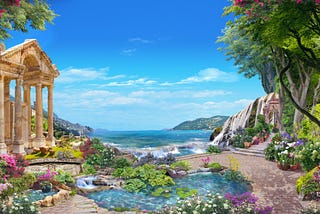 3D Render of beautiful sea view from a Roman garden with flowers and a lake