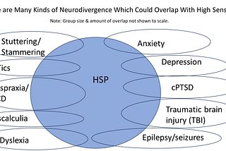 PowerPoint Venn diagram titled, “There are many kinds of neurodivergence which could overlap with high sensitivity.” A big circle labeled HSP is overlapped by 10 smaller ovals with the titles Anxiety, Depression, cPTSD, Traumatic Brain Injury (TBI), Epilepsy/seizures, Stuttering/Stammering, Tics, Dyspraxia/DCD, Dyscalculia, and Dyslexia. Group sizes and amount of overlap are NOT shown to scale.