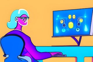 Modern, colorful and psychedelic image of woman in front of computer screen.