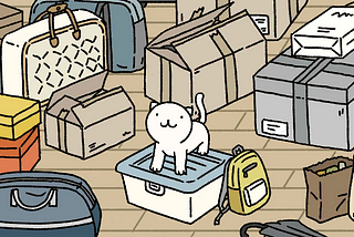 A in-game screenshot of a cat standing in a box in a room filled with moving boxes.