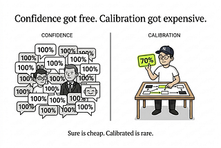 A split image contrasting a noisy crowd of identical “100%” speech bubbles on the left with a single calm designer marking “70%” on a flow on the right. It represents confidence becoming free while calibrated judgment stays scarce.