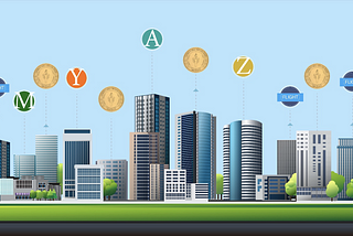 Commercial real estate buildings tokenized with security token symbols connected in the air above them.