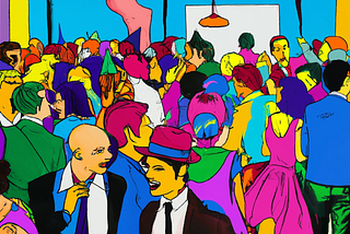 pop art painting of a crowded office party with many people