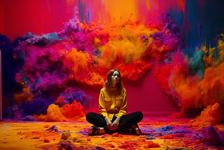 An extremely colorful room with a woman wearing yellow sitting in the middle