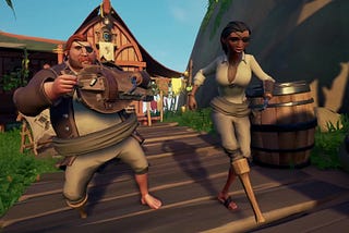 A pirate disembarks onto a lush tropical island, surrounded by towering cliffs and hidden caves, illustrating the rich landscapes and secrets waiting to be discovered on the islands of Sea of Thieves.