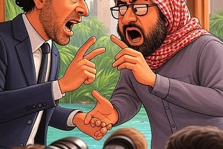 Cartoon of Israeli and Iranian journalists shouting at each other