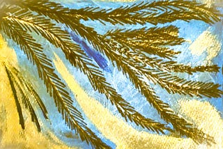 image of black sketches & gold paint/watercolor feather patterns on canvas