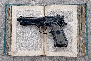 A handgun on an open book