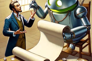 A cartoon of an android robot, using a quill to write on a long scroll, capturing everything a man dressed in semi-formal attire that suggests a blend of contemporary and slightly vintage style is telling it. The scene creatively blends technology and tradition in a whimsical setting.