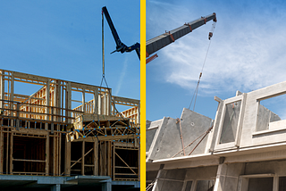 A yellow line in the middle divides two construction images, with the image on the left being a crane moving mass timber towards a wood structure and the image on the right being a crane moving a precast concrete slab toward a concrete structure.