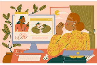 Illustration of a woman siting in front of a computer with an online meeting happening