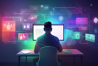 A man sitting in front of his computer with holographic images of apps floating around.