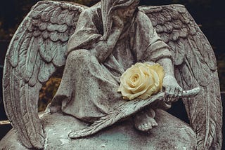 A statue of a seated angel in a cemetery holds a single white rose.